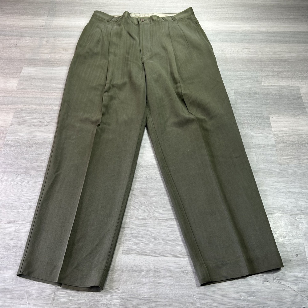 Tommy Bahama Pants Mens 35x30 Green 100% Silk Pleated Relaxed Fit Dress Slacks